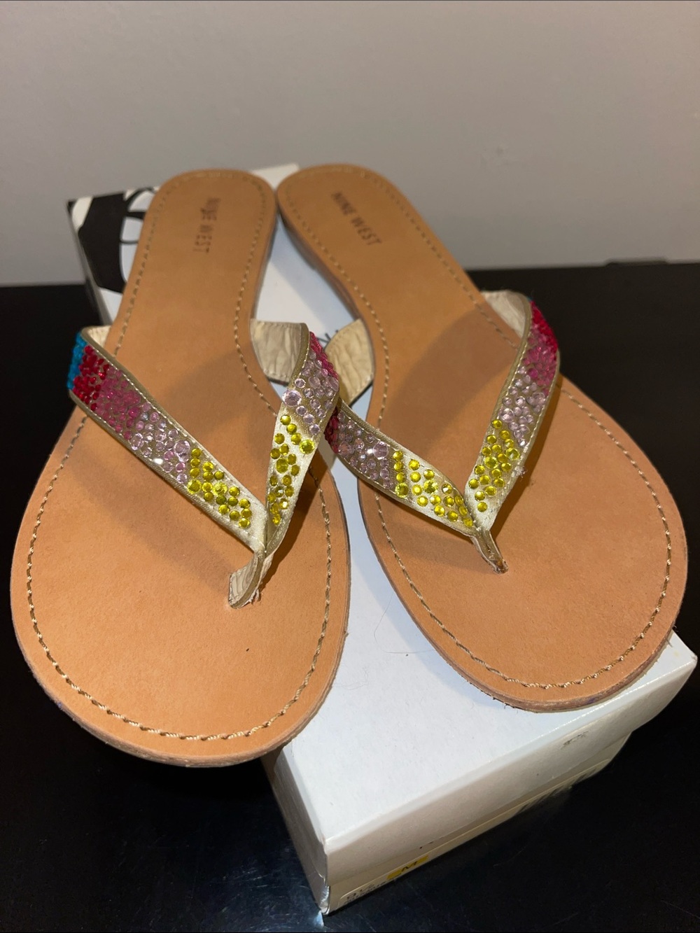 Nine West Multicolor Beaded Tan Leather Flip Flop Sandals